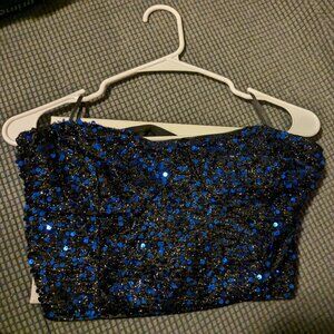 Shein Curve Blue and Black Sequined Strapless Crop Top, Size 2XL